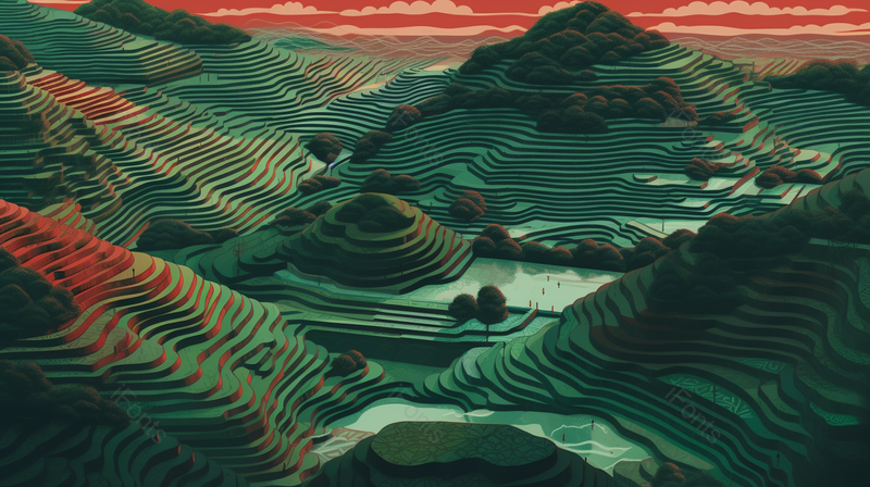 崇山峻岭间的梯田水面植物插画,插画/手绘图,插画/手绘图库,插画/手绘图下载,插画/手绘